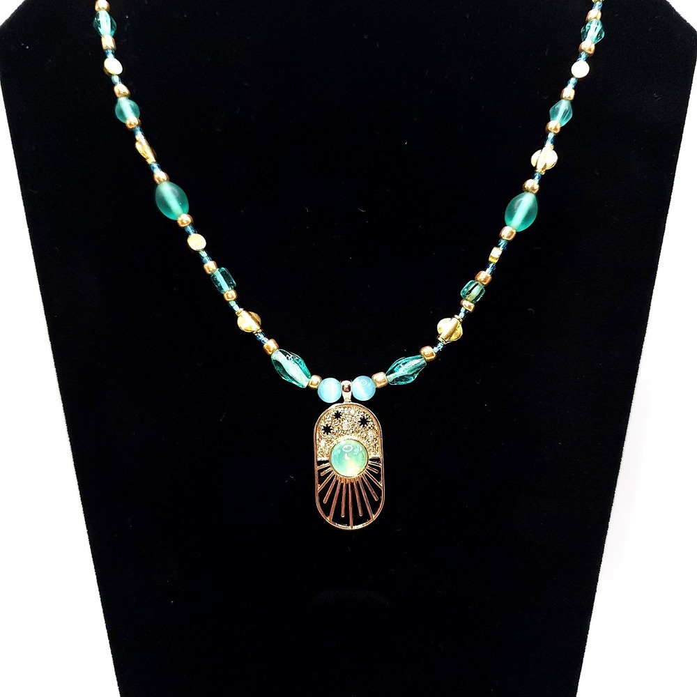 Aqua Beaded Necklace Gold Sunburst Pendant Celestial Statement - Picture 2 of 3